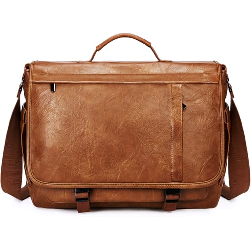 Messenger Bag for Men: Laptop Bag PU Leather Work Briefcase Large Carry On Computer for Office College Travel - color: Pu Brown