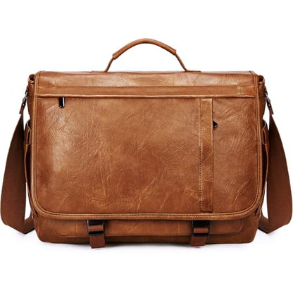 Messenger Bag for Men: Laptop Bag PU Leather Work Briefcase Large Carry On Computer for Office College Travel - color: Pu Brown