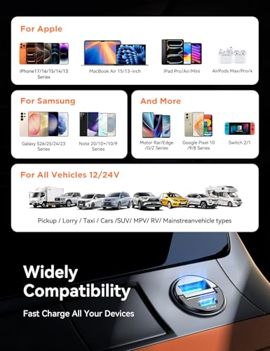 JOYROOM 2-Pack USB C Car Charger [Flush & Pull Ring] 65W PD + 60W QC Dual-Port Car Cigarette Lighter Charger, Fast Car Charger for iPhone 17/16/15 Series, Galaxy S26/25/24, MacBook Air, iPad and More
