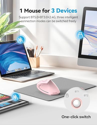 TECKNET Ergonomic Mouse, Rechargeable 2.4G+Bluetooth Vertical Mice 6 DPI Adjustable, Wireless Optical Carpal Tunnel Mouse Right Hand, Multi Device for Laptop, PC, Computer, MacBook, iPad - Pink - color: Pink