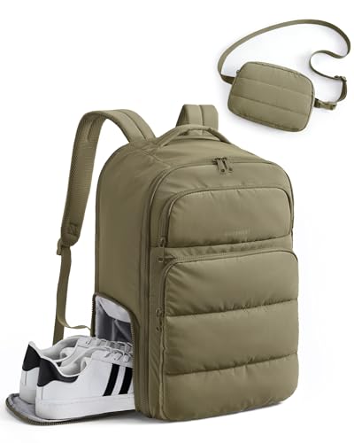 BAGSMART 35L Travel Backpack for Women, 17.3" Carry-On Personal Item | Flight Approved, 180° Opening, Wet/Dry Pocket, Free Crossbody Bag, Shoe Compartment, Luggage Sleeve, Water Resistant - color: Kelp Green