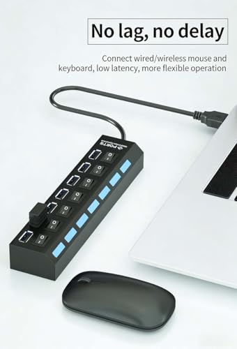 7-Port USB 3.0 Hub Splitter, Individual On/Off Switches with Lights | Independent Switches & LED Indicators for Flash Drives or Mobile HDD, Sturdy Desktop Design for Office Setup