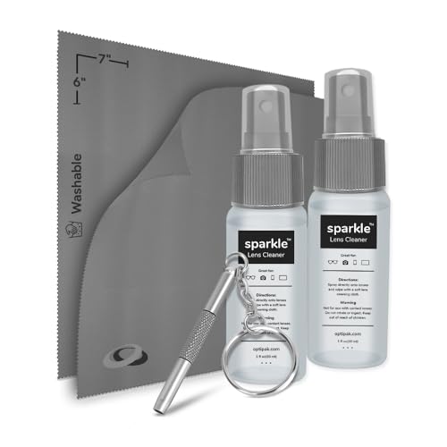 Sparkle Anti-Reflective Safe Lens Cleaner & Repair Kit – (2) 1oz Glasses Cleaner Spray, (2) Microfiber Cloth & Keychain Screwdriver for Eyeglasses, Sunglasses, Lenses & Screens (5 Piece Set) - size: 1 Fl Oz (Pack of 2), style: Silver – 2x1oz Lens Spray +