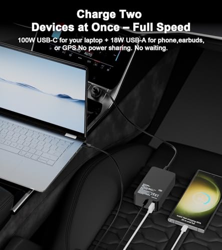 Laptop Car Charger 100W, USB C Port – Replacement for MacBook Pro/Air, Dell, HP,ASUS, Acer - with Extra USB-A Port for Tablets, Phones, Earbuds and More Other USBC Devices Computer AC Adapter