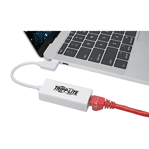 Tripp Lite Right Angle USB C to Ethernet Adapter, Thunderbolt 3 to Ethernet Adapter, Gigabit Ethernet Adapter, USB 3.1 Gen 1, 10/100/1000 Mbps, White (U436-06N-GBW-RA)