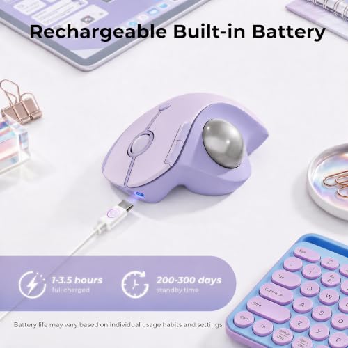 seenda Wireless Trackball Mouse, Ergonomic Bluetooth Mouse,Light Purple | USB-C rechargeable, 3-device Bluetooth+2.4G USB, thumb control, 5-level DPI and space-saving comfort for laptop, PC and Mac. - color: Light Purple