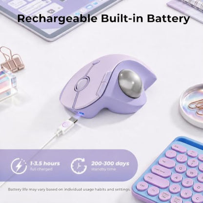 seenda Wireless Trackball Mouse, Ergonomic Bluetooth Mouse,Light Purple | USB-C rechargeable, 3-device Bluetooth+2.4G USB, thumb control, 5-level DPI and space-saving comfort for laptop, PC and Mac. - color: Light Purple