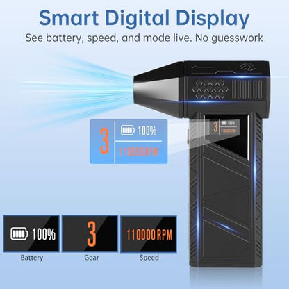 Turbo Fan – 70m/s Cordless Air Duster for Car PC Home Office | Smart display shows speed & battery. 70m/s max, brushless motor. 4 nozzles, USB-C, phone charger. For car, PC, home, office.