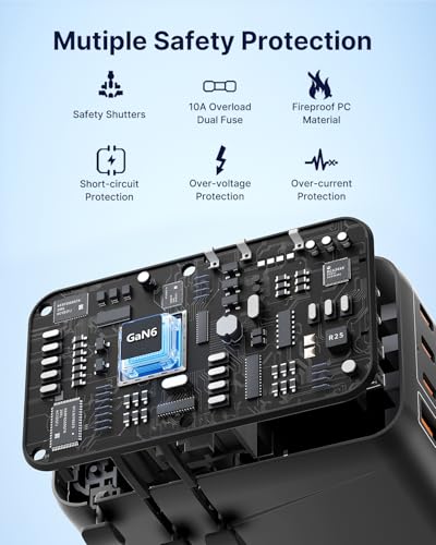 VINTAR 140W GaN Universal Travel Adapter, 6-in-1 International Power Adapter with 2AC, 3 USB-C PD & 1 USB-A QC, All-in-One Charger Compatible with EU/UK/US/AU for Laptops, Tablets, Phones, Cameras - color: 140W Black