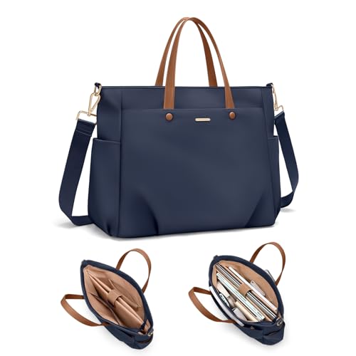 14 Inch Laptop Tote Bag for Women, Lightweight Nylon Work Shoulder Bag, Water-Resistant Computer Handbag with Pockets for Business Travel & Commute (Navy Blue) - color: Navy Blue, size: 14 Inch
