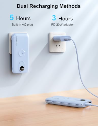 Portable Charger 10000mAh 20W, Wall Plug, 2 Cables, iWatch Charging | Digital Display, Compact Lightweight, USB C Fast Charge, USB-A 18W, Multi Protection, Travel Essential, for iPhone 17 16, Pad - color: Mist Blue