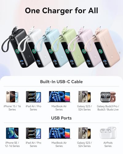 INIU 3-in-1 Portable Charger, Small 10000mah 30W Fast Charging Power Bank with Built-in USB C Cable and Foldable AC Plug, Flight Family Travel Essentials for College Students Teen Boys Girls, Purple - color: Purple