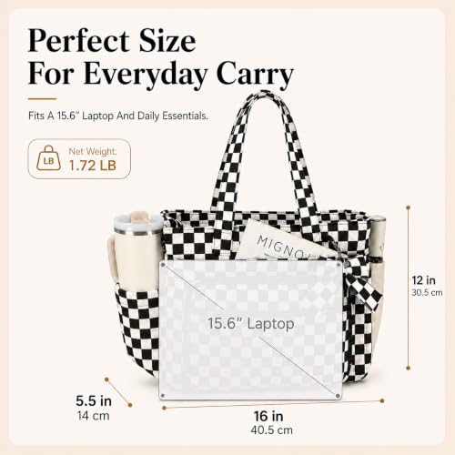 BTOOP Work Tote Bag for Women, Laptop Tote Bag With 15.6 Inch Padded Compartment, Teacher Nurse Bible Bags - color: Black Checkered