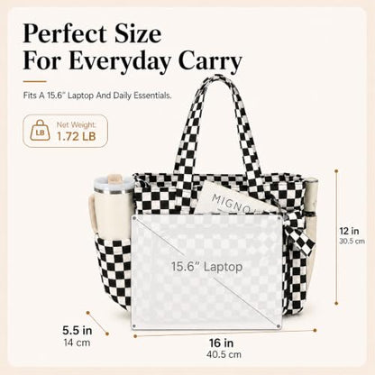 BTOOP Work Tote Bag for Women, Laptop Tote Bag With 15.6 Inch Padded Compartment, Teacher Nurse Bible Bags - color: Black Checkered