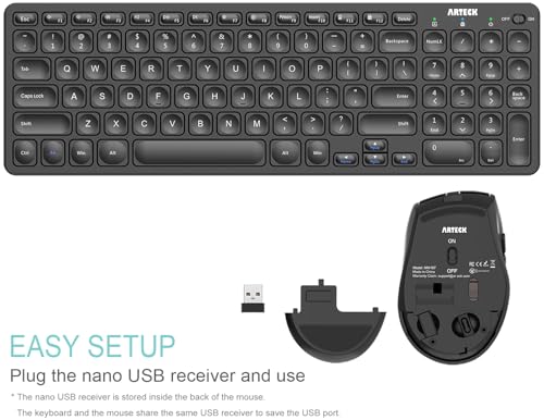 Arteck 2.4G USB Wireless Keyboard and Mouse Combo Ultra Slim Compact Keyboard and Ergonomic Mouse for Computer Desktop PC Laptop and Windows 11/10/8/7 Build in USB-C Rechargeable Battery
