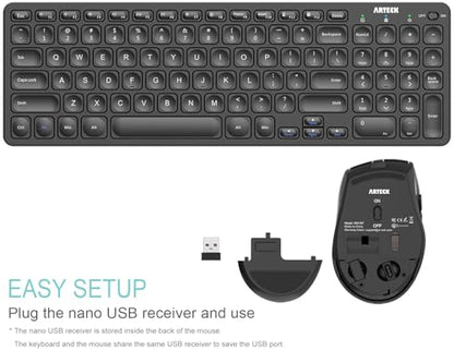 Arteck 2.4G USB Wireless Keyboard and Mouse Combo Ultra Slim Compact Keyboard and Ergonomic Mouse for Computer Desktop PC Laptop and Windows 11/10/8/7 Build in USB-C Rechargeable Battery