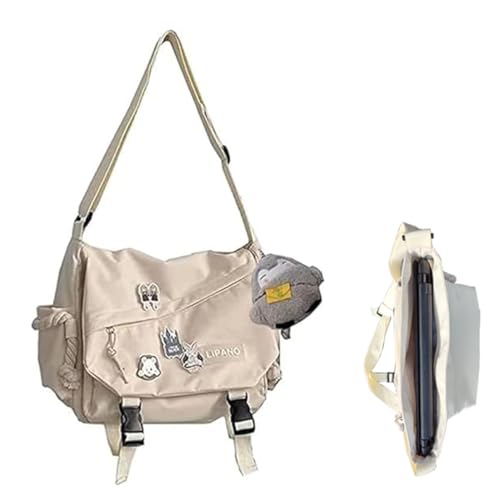 Aesthetic Crossbody Bag with Cute Pins and Ornament, Nylon Shoulder Messenger Bag Japanese Kawaii Bag for Women Men - color: L-white-fit Laptop