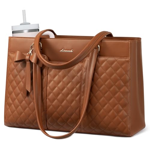 LOVEVOOK Laptop Tote Bag for Women,15.6 Inch Work Bags PU Leather Teacher Tote Bag,Waterproof Quilted Computer Bag for Office Professional Briefcase Gifts - color: Brown-a, size: 15.6 Inch