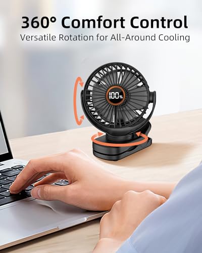 buywoo Portable Mini Personal Fan, Small Rechargeable Battery Powered Stroller Fan for Desk, Strong Clamp Grip, 360° Rotation, 3-Speed, LED Display, Clip On Cooler for Bed, Golf Cart, Office, Black - color: Black