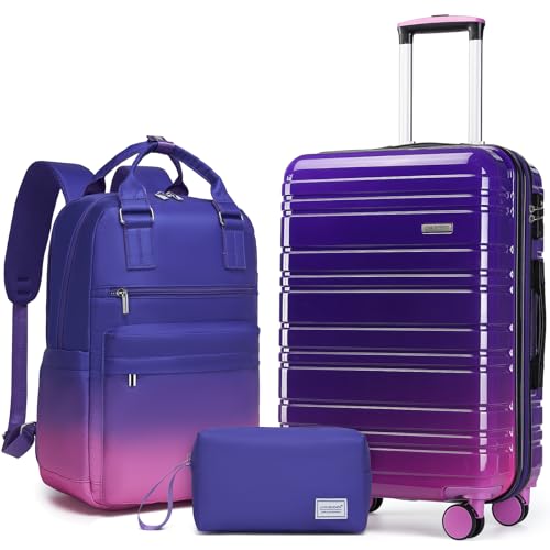 LARVENDER Carry on Luggage Sets 3 Piece, 20 Inch Suitcases, Midnight Berry | 22x14x9 Airline Approved, Gradient PC+ABS Hardshell, Smooth 360° Wheels, TSA Lock, 3-Piece Set with Color-matched Backpack - color: Midnight Berry-20BP, size: 3 Piece Set (Backpa