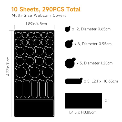 Webcam Covers 290 Pack 10 Sheets, Ultra Slim Black Matte Vinyl Reusable Camera Privacy Stickers, 5 Multi Sizes Residue-Free Webcam Blocker for Laptop, Phone, Tablet, Smart TV