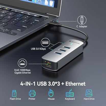 Yottamaster 4-in-1 USB A 3.0 Hub with 2.5Gbps Gigabit Ethernet – 3X USB-C 3.0 Ports, Aluminum LAN Converter, Plug and Play for MacBook Pro/Air, XPS, Windows, Mac OS, Linux, NAS - color: Silver