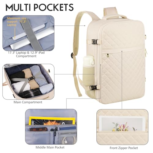 Large Travel Backpack Women, Flight Approved Carry On Backpack, Water Resistant Anti-Theft Large Casual Daypack Fit 17 Inch Laptop with USB Charging Port, Beige - color: Beige, size: 17.3 inch