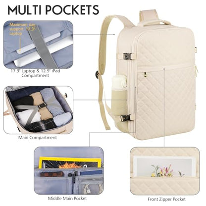 Large Travel Backpack Women, Flight Approved Carry On Backpack, Water Resistant Anti-Theft Large Casual Daypack Fit 17 Inch Laptop with USB Charging Port, Beige - color: Beige, size: 17.3 inch