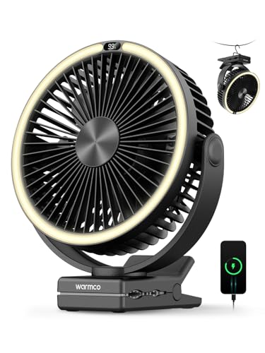 Warmco 15000mAh Clip on Fan with LED Light for Camping and Golf Car | 12-30H Runtime, 300H+ Light, USB-C Two-Way Charging, 3-Level LED Light, Clip Hook Desk Use, 4 Speeds