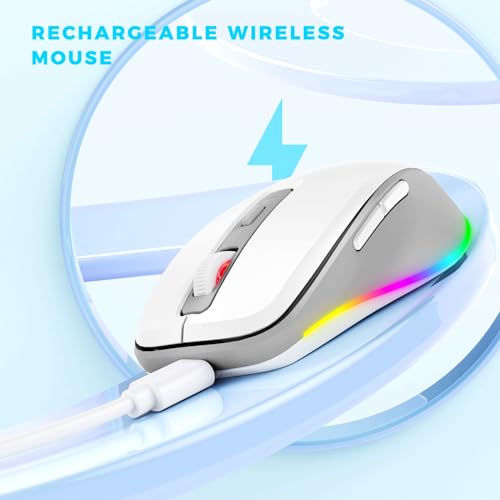 PEIOUS Wireless Mouse Jiggler - Keep Computers Awake, White & Grey | Rechargeable LED Mouse, Silent Clicks, Adjustable DPI and Random Movement Keep Computers Awake for Laptop/PC/Mac - color: White & Grey