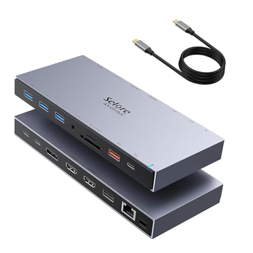 Selore Docking Station 3 Monitor, USB C Laptop Hub with Dual 4K HDMI and Displayport, 10Gbps USB-A/C Data Transfer, 100W PD, Ethernet, Audio, SD/microSD Slot, USB C Dock for Dell XPS/HP/Lenovo - color: Space Gray