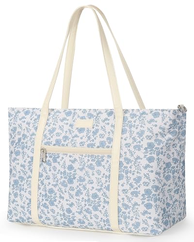 Laptop Tote Bag for Women 17.3 Inch, Water-resistant Work Bag with Compartments & 15 Pockets, Travel Cute Flower Computer Shoulder Purse for Teacher Office - color: Blue Flower