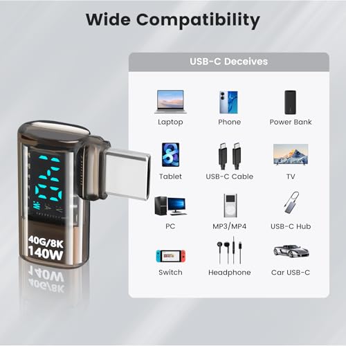 Upgraded USB 4.0 Digital Display USB C Male to Female 40Gbps Adapter (2 Pack), Right Angle PD 3.1 140W Power 8K@60Hz Video Compatible with iPhone 16, MacBook and More USB-C Devices, Light Black - style: AY-Cm-Cf-dd-lb