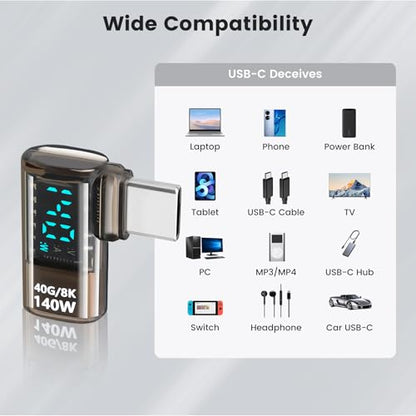 Upgraded USB 4.0 Digital Display USB C Male to Female 40Gbps Adapter (2 Pack), Right Angle PD 3.1 140W Power 8K@60Hz Video Compatible with iPhone 16, MacBook and More USB-C Devices, Light Black - style: AY-Cm-Cf-dd-lb