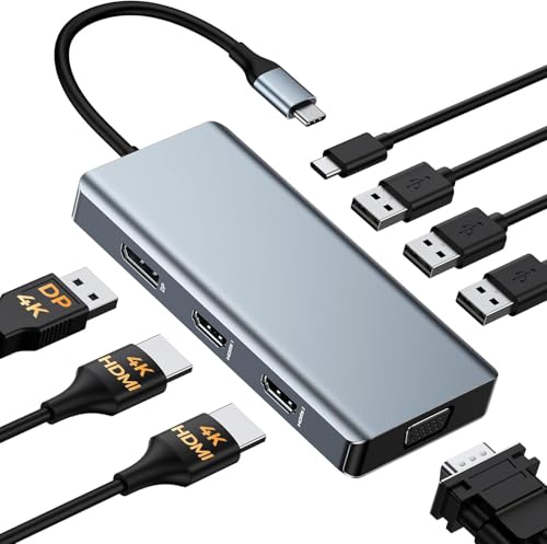 USB C Docking Station Dual Monitor Adapter, 8 in 1 Laptop Docking Station 3 Monitors Quadruple Display USB C Hub Dongle to 4K HDMI+DP+VGA - color: Silver