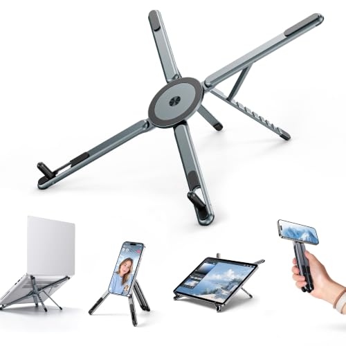 Portable Laptop Stand, 3-in-1 Magnetic Foldable Adjustable, for Desk（Gray） | Aluminum alloy, lightweight compact, 8-level height, ergonomic, for phone/tablet, home office/travel - color: E05-Silver