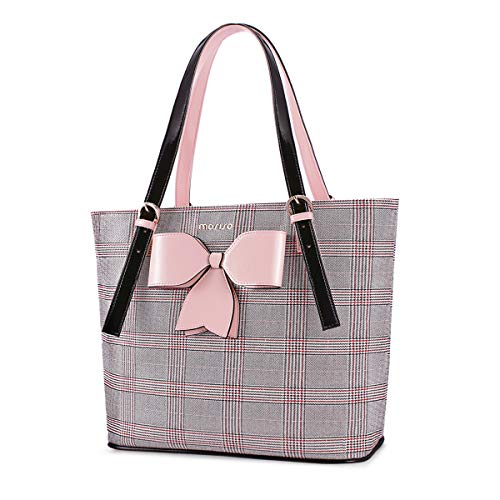 MOSISO Laptop Tote Bag for Women, 15-16 inch Large Tote Bag Compatible with MacBook Air 15 inch/Pro 16 inch, HP Dell Acer Asus, PU Leather Large Capacity Work Tote Bags with Bowknot Grid MO-GID001GYPK