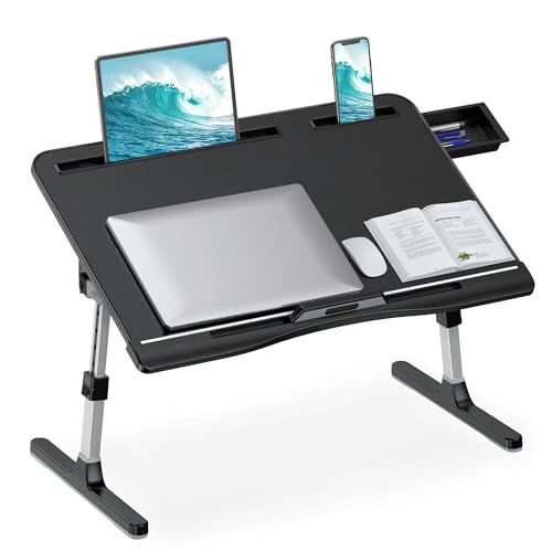 HETTHI Laptop Stand for Bed, Adjustable Leather Bed Desk with Foldable Legs, X-Large Laptop Bed Table Tray with Drawer for Bed Couch Floor Writing Working Reading Eating Painting (Black, 23.6"×15.7") - color: Black, size: X-Large 23.6×15.7in
