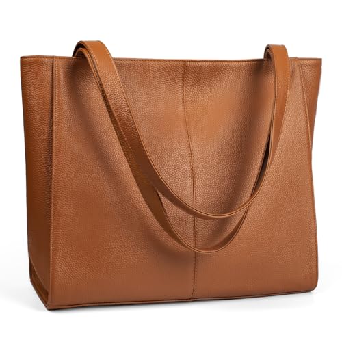 befen Genuine Leather Tote Bag for Women Work Travel Leather Purse Handbags | Real Leather, Padded 14" Laptop Compartment, Multi-Pockets, Zipper, Tote Bag for Daily - color: Cognac Brown