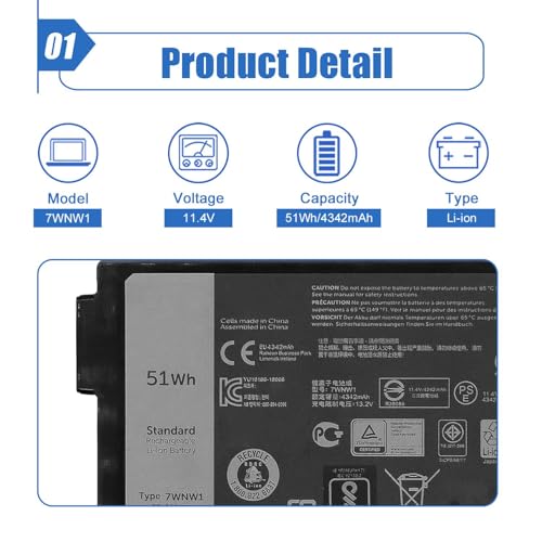 51Wh 7WNW1 Laptop Battery Compatible with Dell Latitude 5424 5420 7424 Rugged Extreme P85G P86G P137G001 P137G002 P85G001 P86G001 Series DMF8C 0DMF8C GK3D3 07WNW1 11.4V 4342mAh - size: 5.1*3.38*0.59 inch 7WNW1