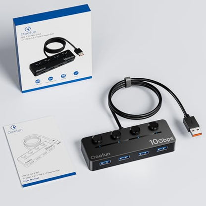 Qeefun 4-Port USB 3.2 Hub, Individual LED Power Switches, 10Gbps Data Transfer USB 3.2 Gen 2 Splitter with 4ft Extension Cable, Multiple USB Extender for Laptop, PC, iMac, USB Flash Drives and More - style: A to 4A 3.2