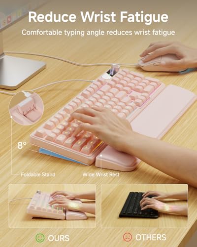 EWEADN Wired Keyboard and Mouse Combo with Detachable Wrist Rest, Quiet Ergonomic Keyboard Mouse Set with Multimedia Knob, RGB Backlit, Double-Shot Keycaps Natural Typing for Laptop, PC - Peach - color: Peach