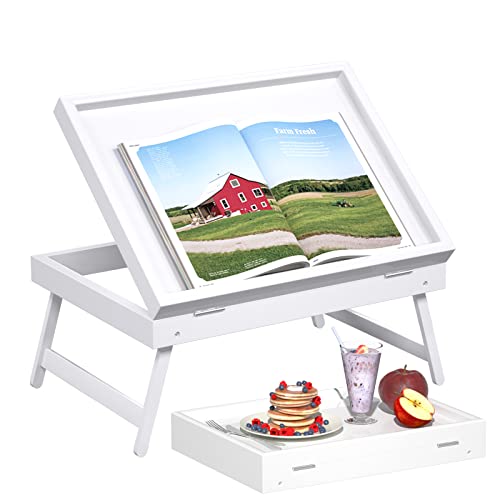 Artmeer FSC-Certified Bamboo Bed Tray Table, Tilting Top, Medium, White | FSC-certified bamboo bed tray with tilting top and folding legs for meals, laptops, reading and serving in bed or on sofa. - color: White, size: Medium