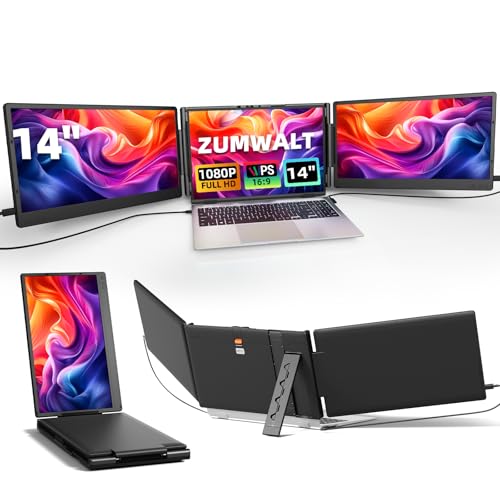 ZUMWALT Laptop Screen Extender, 14" Triple Portable Monitor for Laptop, 1080P FHD Screen Extender Monitors for 13"-16.5", Monitor Extender for MacOS/Windows/Chrome (Built-in Speakers) - style: 14" Triple Screen