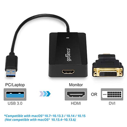 gofanco USB 3.0 to HDMI Video Adapter for Multiple Monitors (USB3HDMI) | Up to 2560x1440 for Windows and macOS, Includes HDMI-to-DVI Adapter, USB 3.0 Video Adapter - style: USB 3.0 to HDMI / DVI