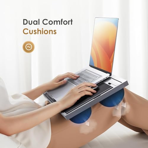 Adjustable Laptop Desk with Cushion, Mouse Pad & Cellphone Slot - Laptop Stand for Bed & Couch, Riser for Home & Office (Grey) | Built-in mouse pad, phone & pen slots, dual-cushion base, anti-slip design, raises the screen, for home office, bed, sofa - co