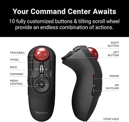 ELECOM Relacon Handheld Trackball Mouse, Thumb Control, 2.4GHz Wireless, Ergonomic Design, 10-Button Function with Smooth Tracking, Windows11, MacOS (M-RT1DRBK) - style: 2.4GHz