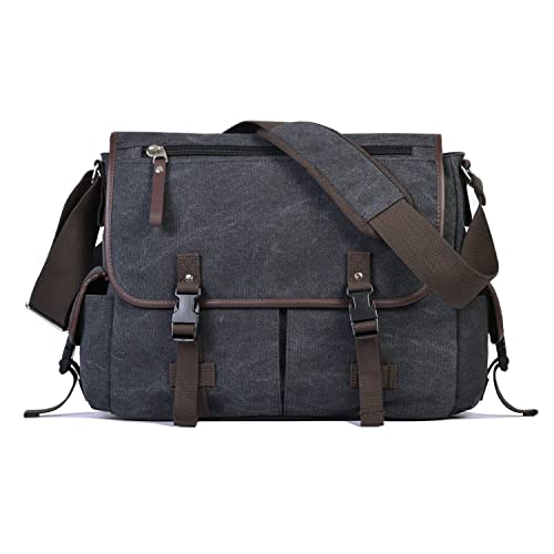 15.6 Inch Laptop Messenger Bag for Men Women, Canvas Computer Shoulder Bag, Work Briefcase for Business College Travel | Anti-theft Design - color: Black
