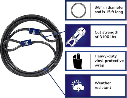 BRINKS - 15 ft x 3/8" Flexible Steel Loop Cable - Heavy Duty Vinyl Wrap for Corrosion Protection