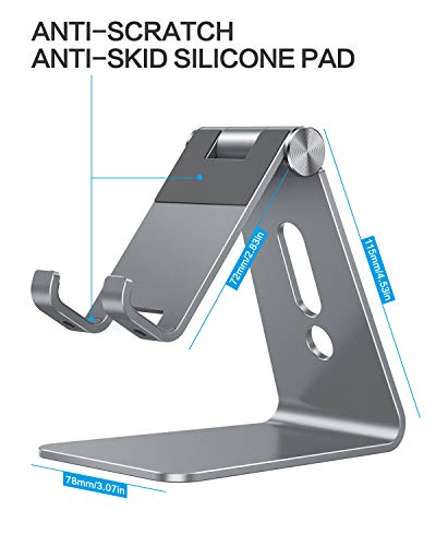 OMOTON C2 Adjustable Aluminum Cell Phone Stand with Charging Cutout, Grey | Sturdy 3mm Aluminum, Charging Port, 270° Adjustable, Non-Slip Silicone Pads, Works with Thick Cases, for All Smartphones - color: Grey